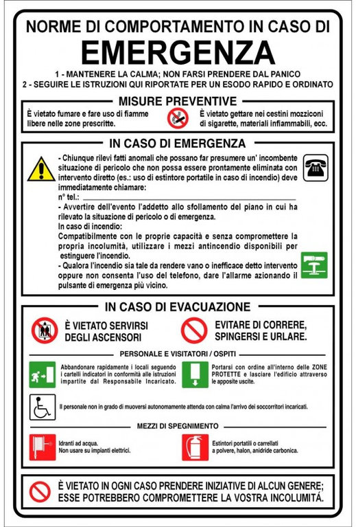 Cartello Segnaletico M-ITALY Norme Comportamento In Emergenza, 30x42 Cm, Adesivo Extra Resistente, Forex O Alluminio, Stampa UV Made In Italy